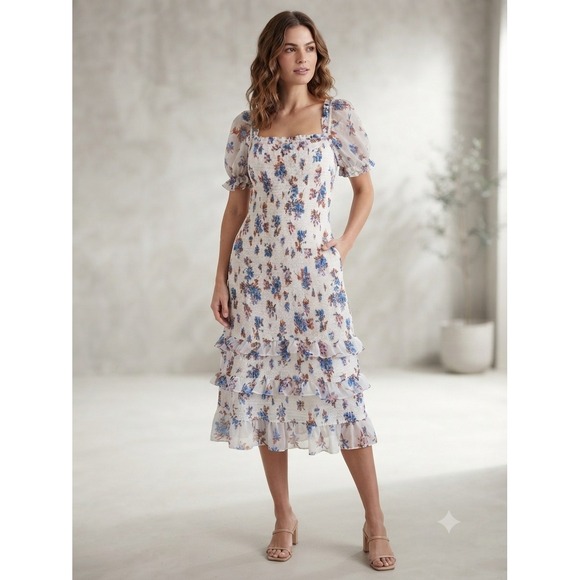Abercrombie & Fitch Dresses & Skirts - Abercrombie & Fitch Dress Womens Large White Floral Smocked Puff Sleeve Ruffle